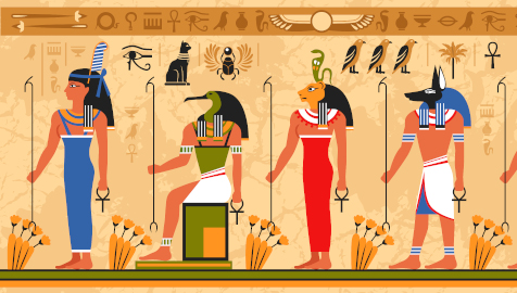 Colored border pattern on egypt theme with ancient egyptian deities and occult symbols flat vector illustration